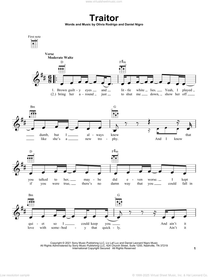 Traitor (arr. Bruna T.) Sheet Music | Olivia Rodrigo | Piano, Vocal &  Guitar Chords