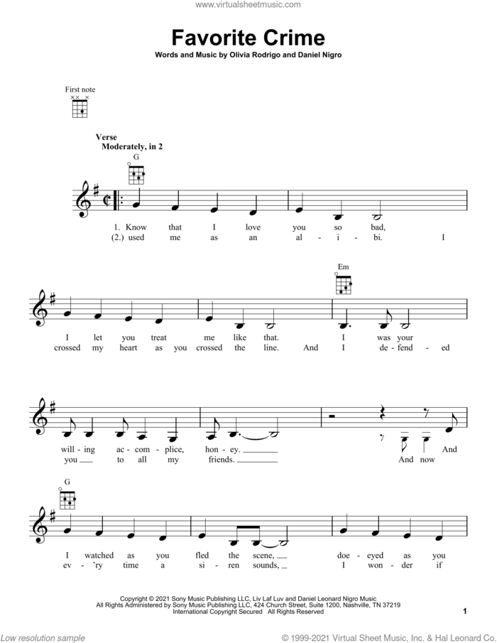 favorite crime sheet music for ukulele by Olivia Rodrigo and Daniel Nigro, intermediate skill level