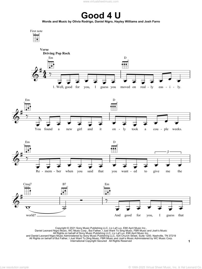 good 4 u sheet music for ukulele by Olivia Rodrigo and Daniel Nigro, intermediate skill level