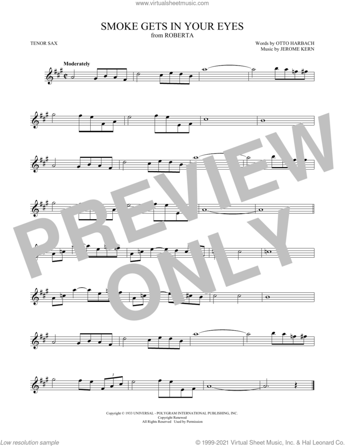 Smoke Gets In Your Eyes sheet music for tenor saxophone solo by The Platters, Jerome Kern and Otto Harbach, intermediate skill level