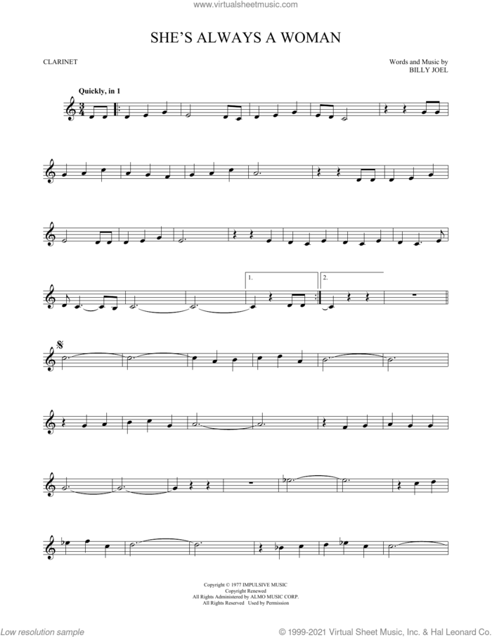 She's Always A Woman sheet music for clarinet solo by Billy Joel, intermediate skill level