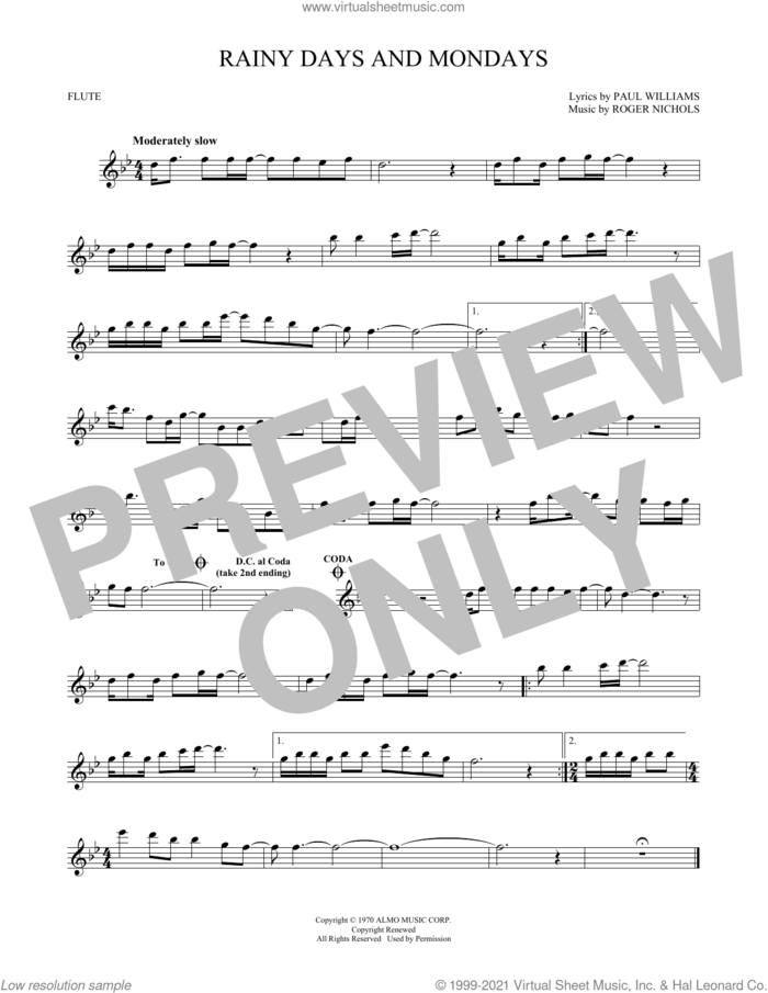 Rainy Days And Mondays sheet music for flute solo by Paul Williams, Carpenters and Roger Nichols, intermediate skill level