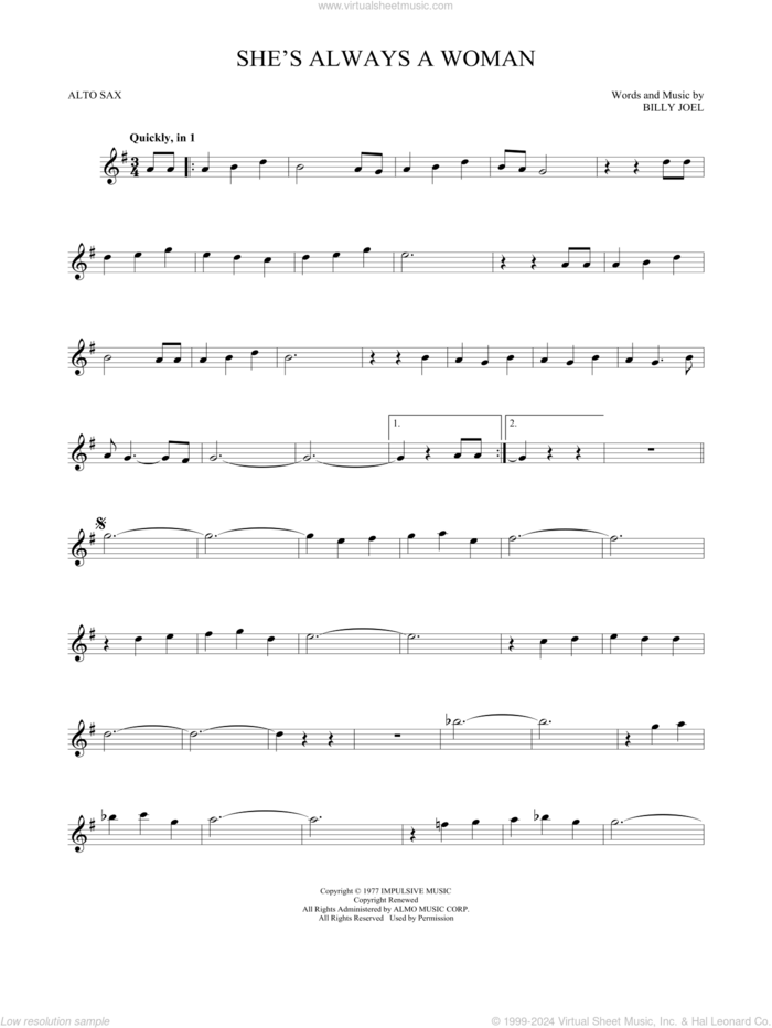 She's Always A Woman sheet music for alto saxophone solo by Billy Joel, intermediate skill level