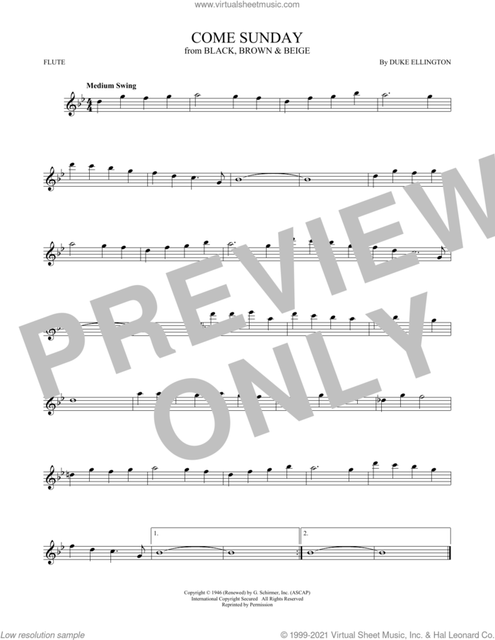 Come Sunday sheet music for flute solo by Duke Ellington, intermediate skill level