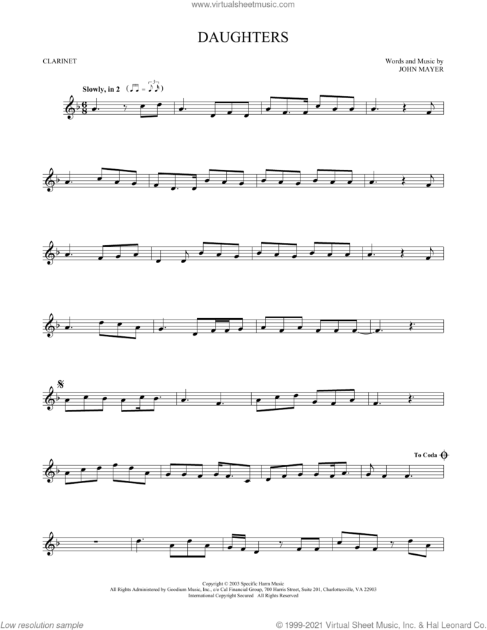Daughters sheet music for clarinet solo by John Mayer, intermediate skill level