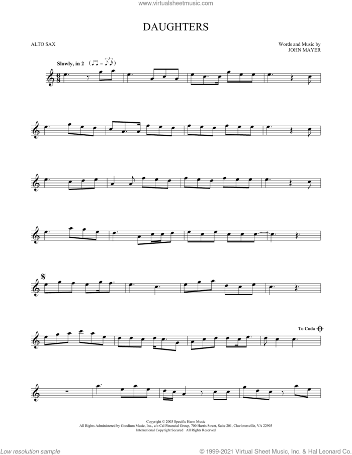 Daughters sheet music for alto saxophone solo by John Mayer, intermediate skill level
