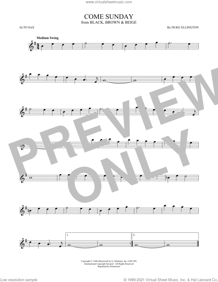Come Sunday sheet music for alto saxophone solo by Duke Ellington, intermediate skill level