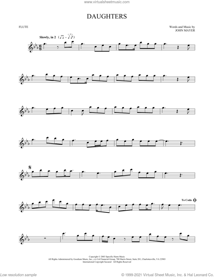 Daughters sheet music for flute solo by John Mayer, intermediate skill level