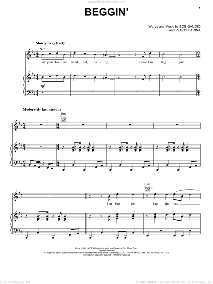 Beggin' sheet music for voice, piano or guitar by Måneskin, Maneskin, Bob Gaudio and Peggy Farina, intermediate skill level