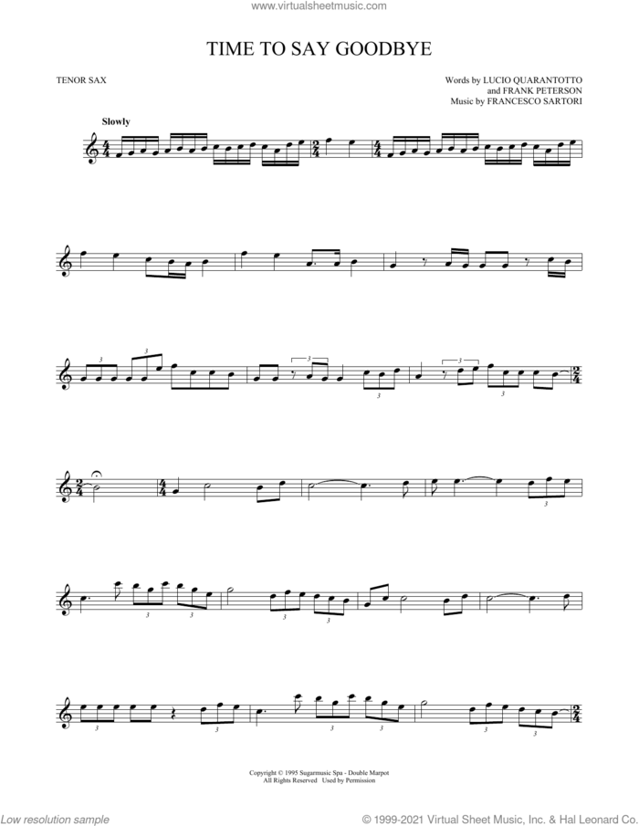 Time To Say Goodbye sheet music for tenor saxophone solo by Andrea Bocelli & Sarah Brightman, Francesco Sartori, Frank Peterson and Lucio Quarantotto, classical score, intermediate skill level