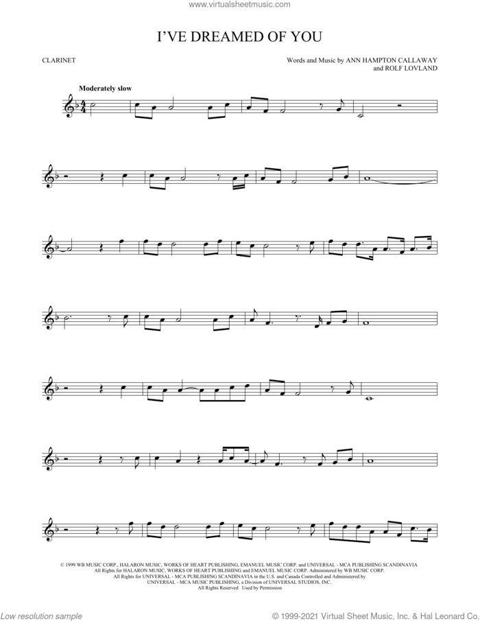 I've Dreamed Of You sheet music for clarinet solo by Barbra Streisand, Ann Hampton Callaway and Rolf Lovland, wedding score, intermediate skill level