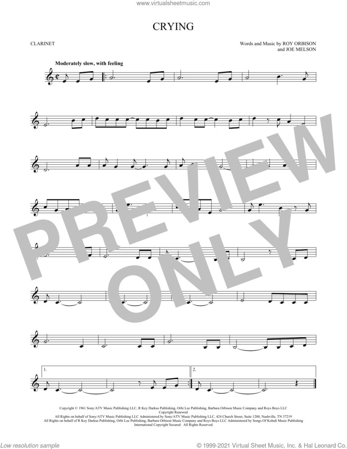 Crying sheet music for clarinet solo by Roy Orbison and Joe Melson, intermediate skill level