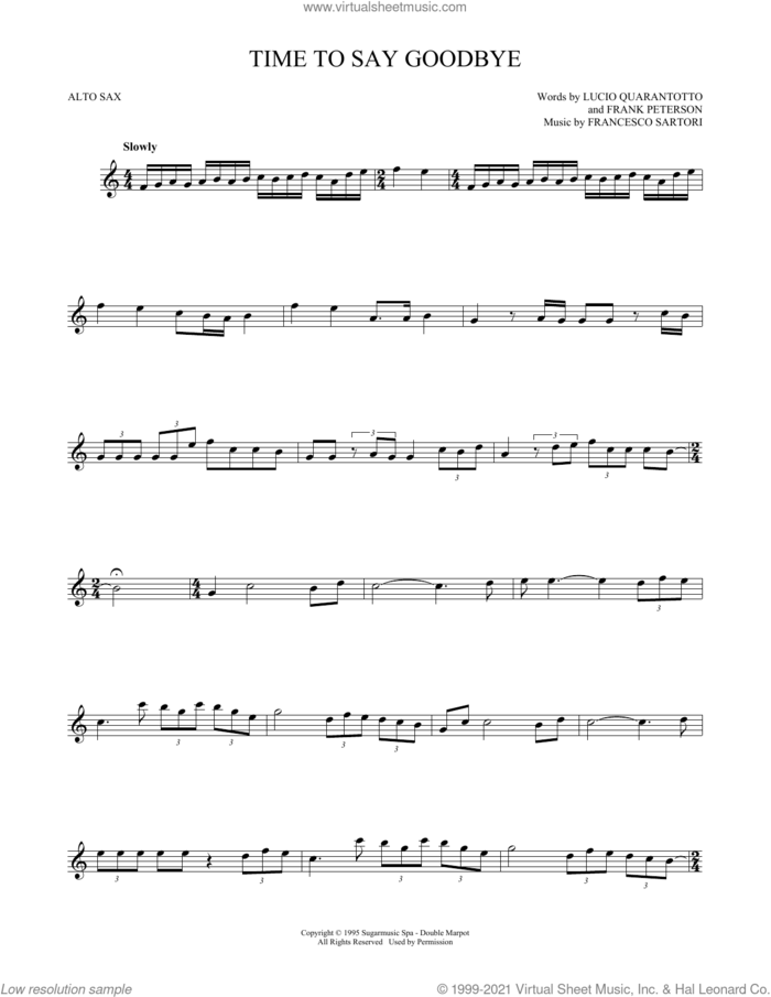 Time To Say Goodbye sheet music for alto saxophone solo by Andrea Bocelli & Sarah Brightman, Francesco Sartori, Frank Peterson and Lucio Quarantotto, classical score, intermediate skill level