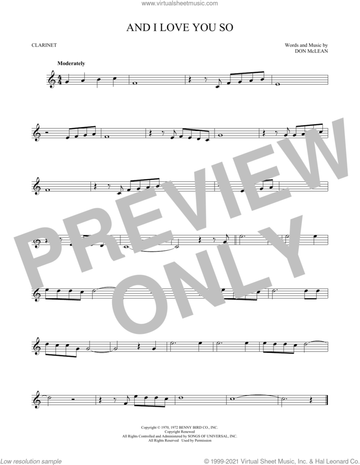 And I Love You So sheet music for clarinet solo by Don McLean and Perry Como, intermediate skill level