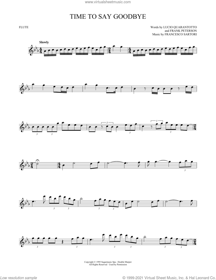 Time To Say Goodbye sheet music for flute solo by Andrea Bocelli & Sarah Brightman, Francesco Sartori, Frank Peterson and Lucio Quarantotto, classical score, intermediate skill level