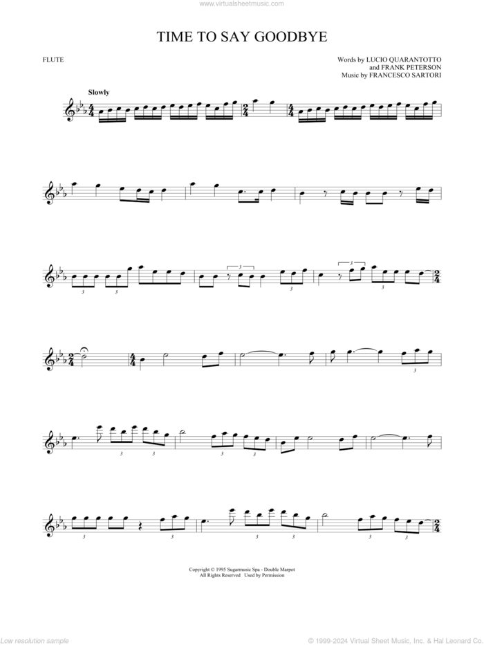 Time To Say Goodbye sheet music for flute solo by Andrea Bocelli & Sarah Brightman, Francesco Sartori, Frank Peterson and Lucio Quarantotto, classical score, intermediate skill level