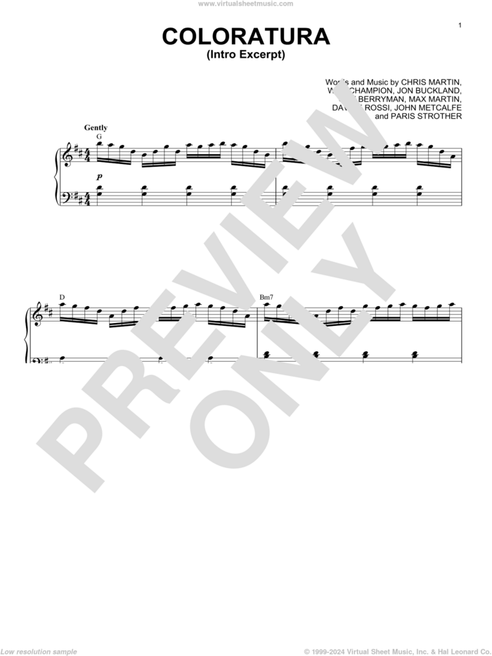 Coloratura (Intro Excerpt) sheet music for piano solo by Coldplay, Chris Martin, Davide Rossi, Guy Berryman, John Metcalfe, Jon Buckland, Max Martin, Paris Strother and Will Champion, intermediate skill level