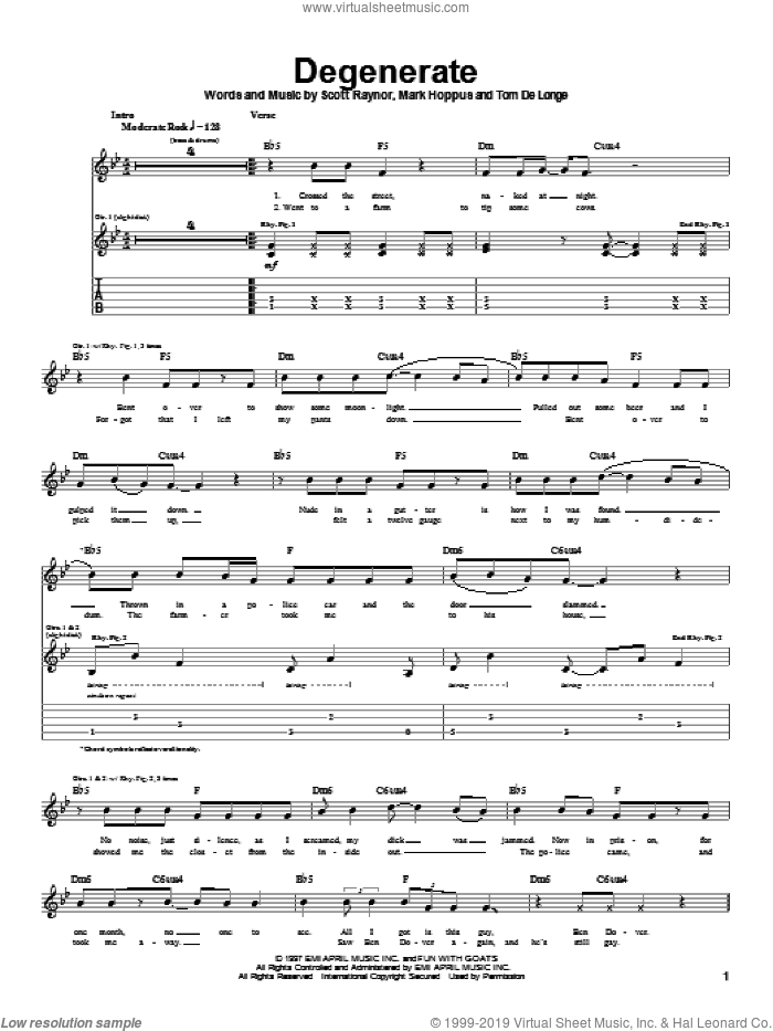 Degenerate sheet music for guitar (tablature) by Blink-182, Mark Hoppus, Scott Raynor and Tom DeLonge, intermediate skill level