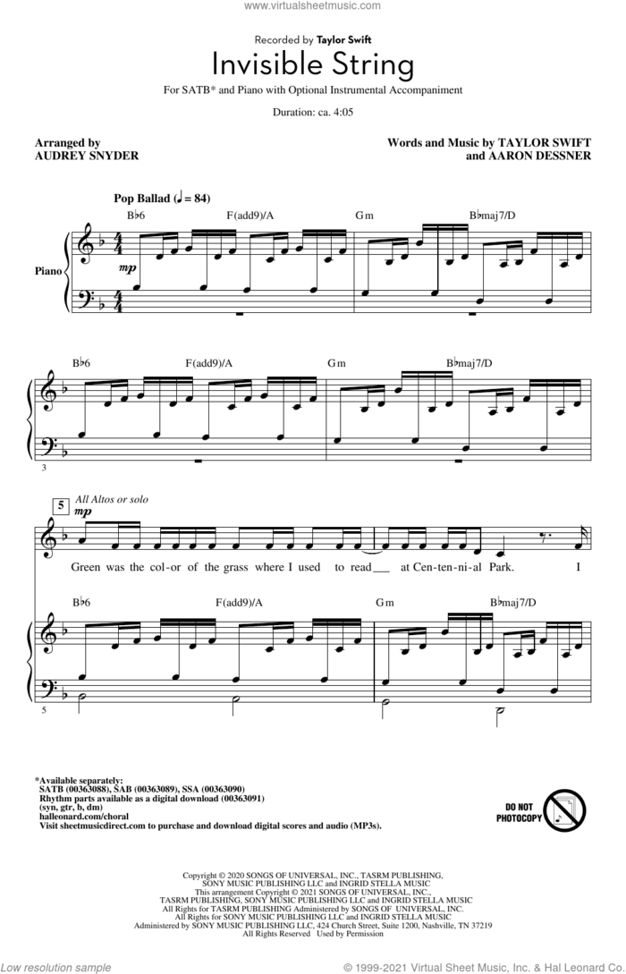invisible string (arr. Audrey Snyder) sheet music for choir (SATB: soprano, alto, tenor, bass) by Taylor Swift, Audrey Snyder and Aaron Dessner, intermediate skill level