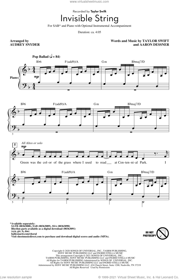 invisible string (arr. Audrey Snyder) sheet music for choir (SAB: soprano, alto, bass) by Taylor Swift, Audrey Snyder and Aaron Dessner, intermediate skill level