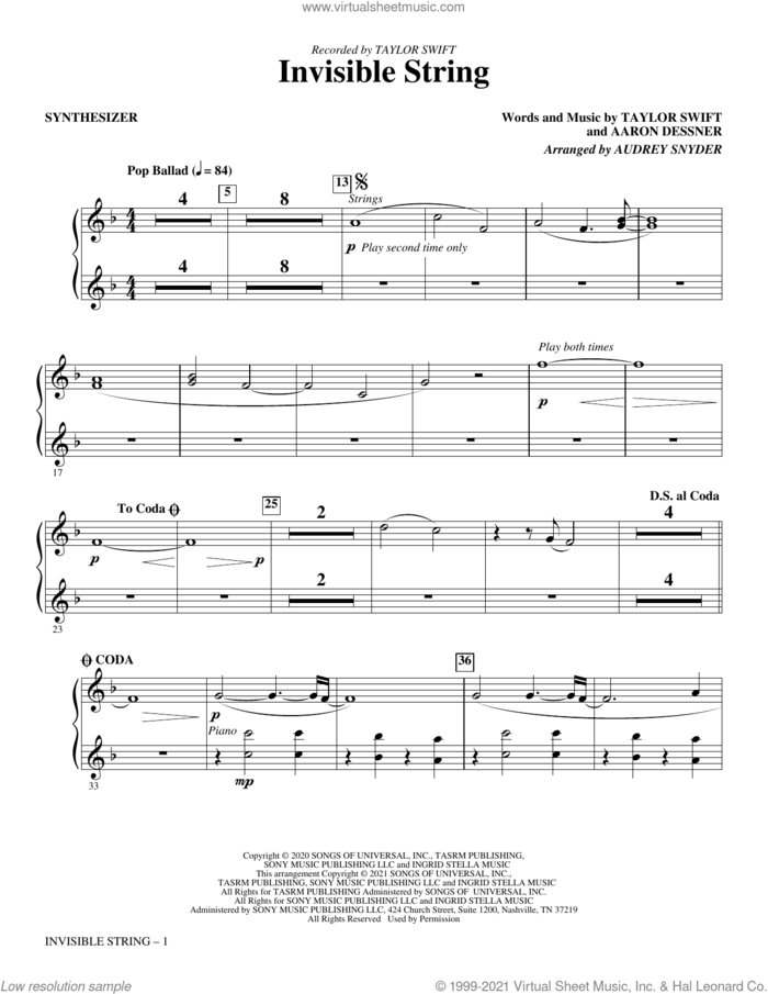 invisible string (arr. Audrey Snyder) (complete set of parts) sheet music for orchestra/band by Taylor Swift, Aaron Dessner and Audrey Snyder, intermediate skill level