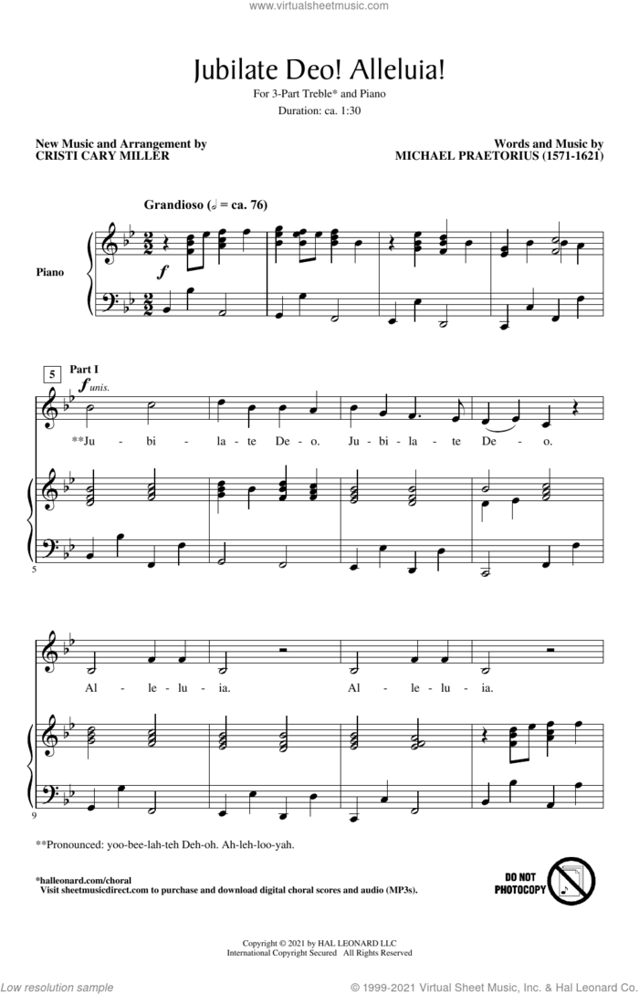 Jubilate Deo! Alleluia! (arr. Cristi Cary Miller) sheet music for choir (3-Part Treble) by Cristi Cary Miller and Michael Praetorious, intermediate skill level
