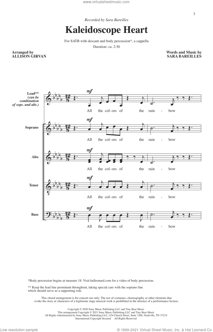 Kaleidoscope Heart (arr. Allison Girvan) sheet music for choir (SATB: soprano, alto, tenor, bass) by Sara Bareilles and Allison Girvan, intermediate skill level