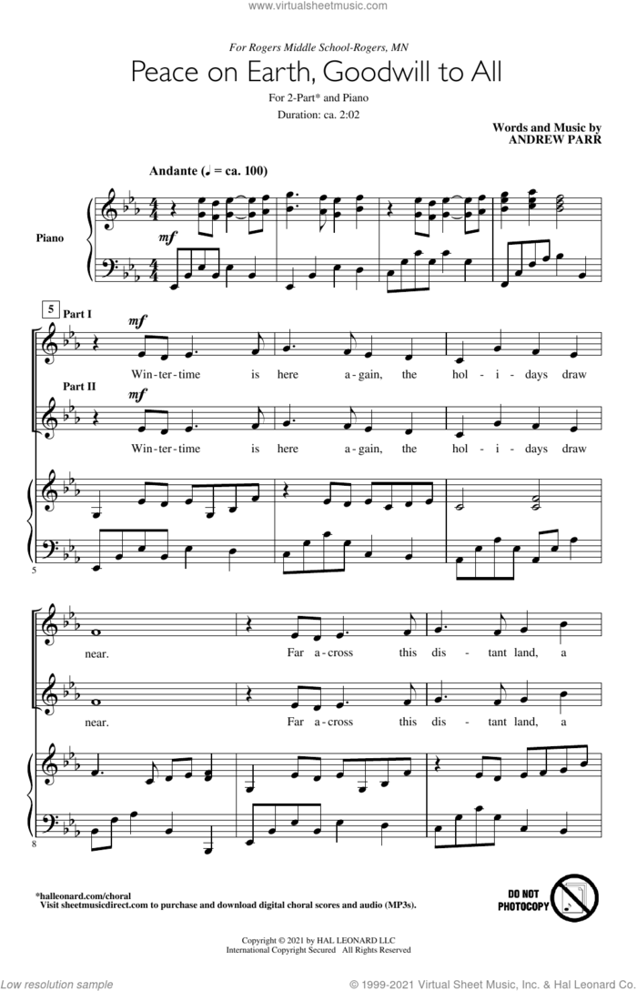 Peace On Earth, Goodwill To All sheet music for choir (2-Part) by Andrew Parr, intermediate duet