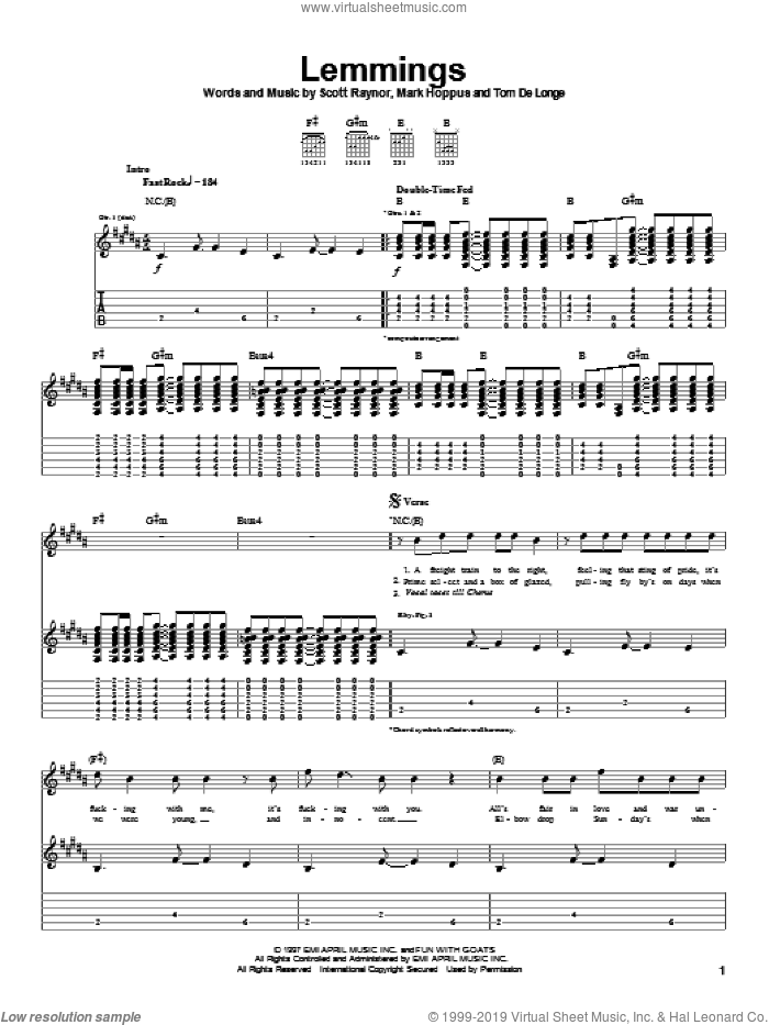 Lemmings sheet music for guitar (tablature) by Blink-182, Mark Hoppus, Scott Raynor and Tom DeLonge, intermediate skill level