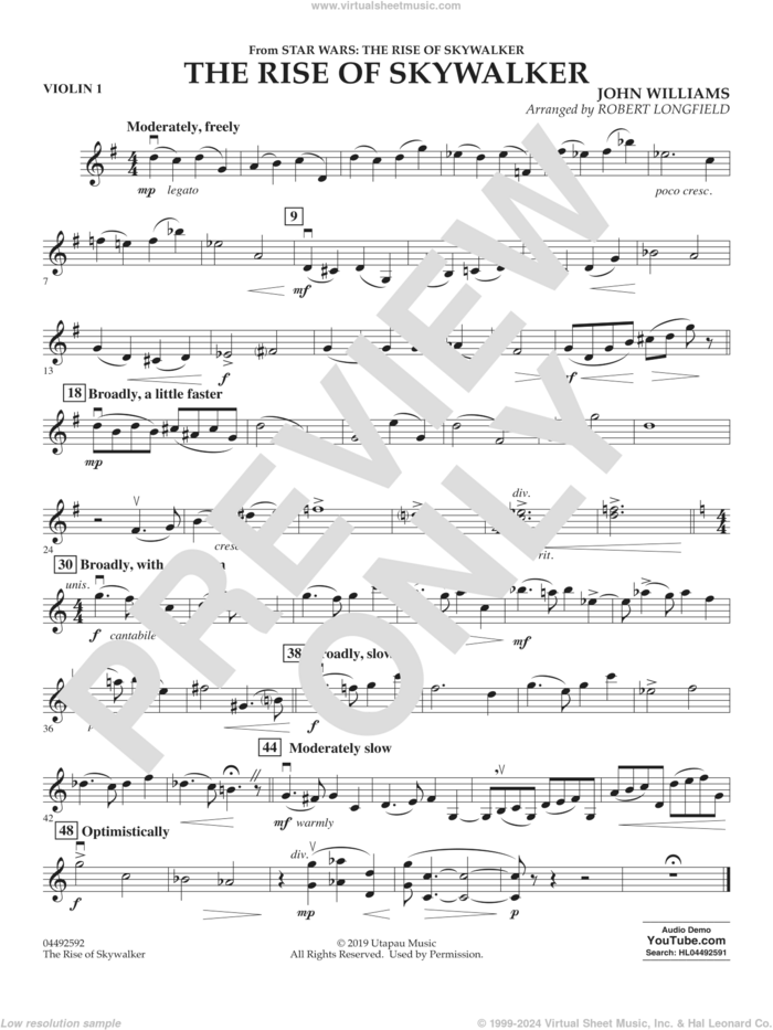 The Rise of Skywalker (from The Rise of Skywalker) (arr. Longfield) sheet music for orchestra (violin 1) by John Williams and Robert Longfield, intermediate skill level