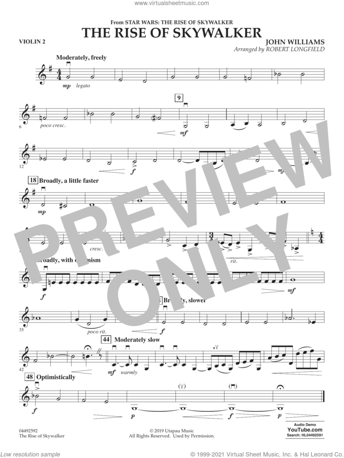 The Rise of Skywalker (from The Rise of Skywalker) (arr. Longfield) sheet music for orchestra (violin 2) by John Williams and Robert Longfield, intermediate skill level