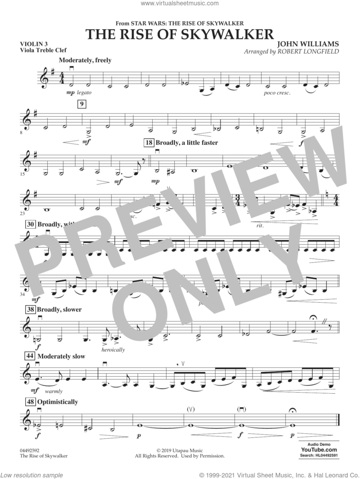 The Rise of Skywalker (from The Rise of Skywalker) (arr. Longfield) sheet music for orchestra (violin 3, viola treble clef) by John Williams and Robert Longfield, intermediate skill level