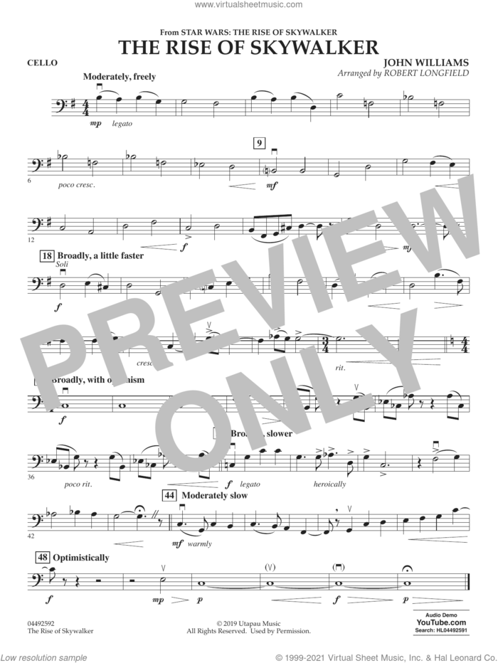 The Rise of Skywalker (from The Rise of Skywalker) (arr. Longfield) sheet music for orchestra (cello) by John Williams and Robert Longfield, intermediate skill level