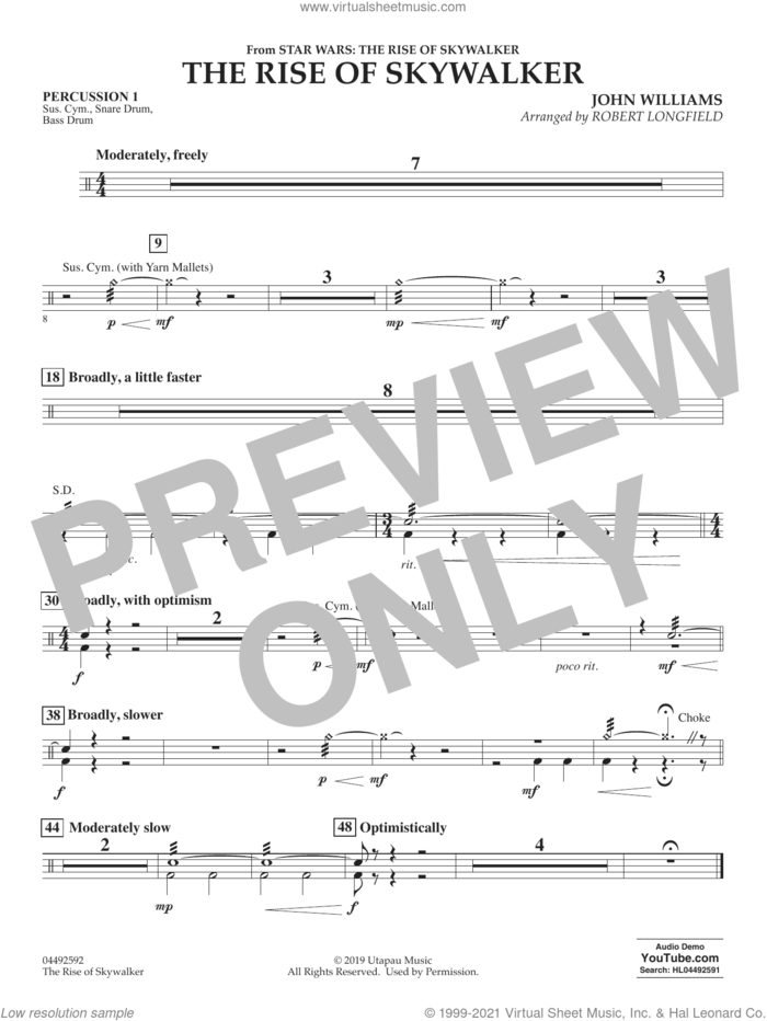 The Rise of Skywalker (from The Rise of Skywalker) (arr. Longfield) sheet music for orchestra (percussion 1) by John Williams and Robert Longfield, intermediate skill level