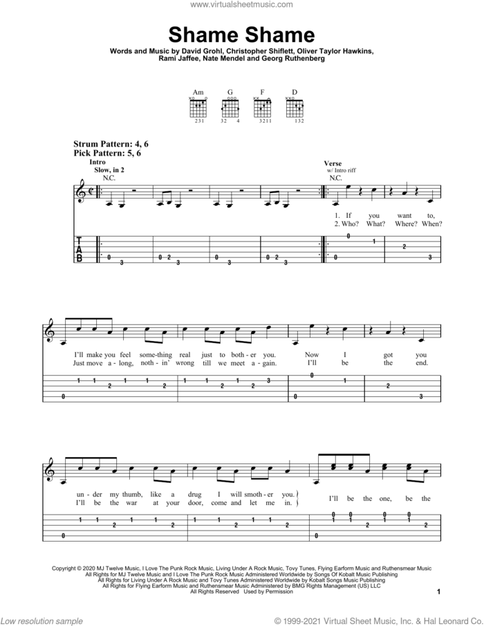 Shame Shame sheet music for guitar solo (easy tablature) by Foo Fighters, Christopher Shiflett, Dave Grohl, Georg Ruthenberg, Nate Mendel, Oliver Taylor Hawkins and Rami Jaffee, easy guitar (easy tablature)