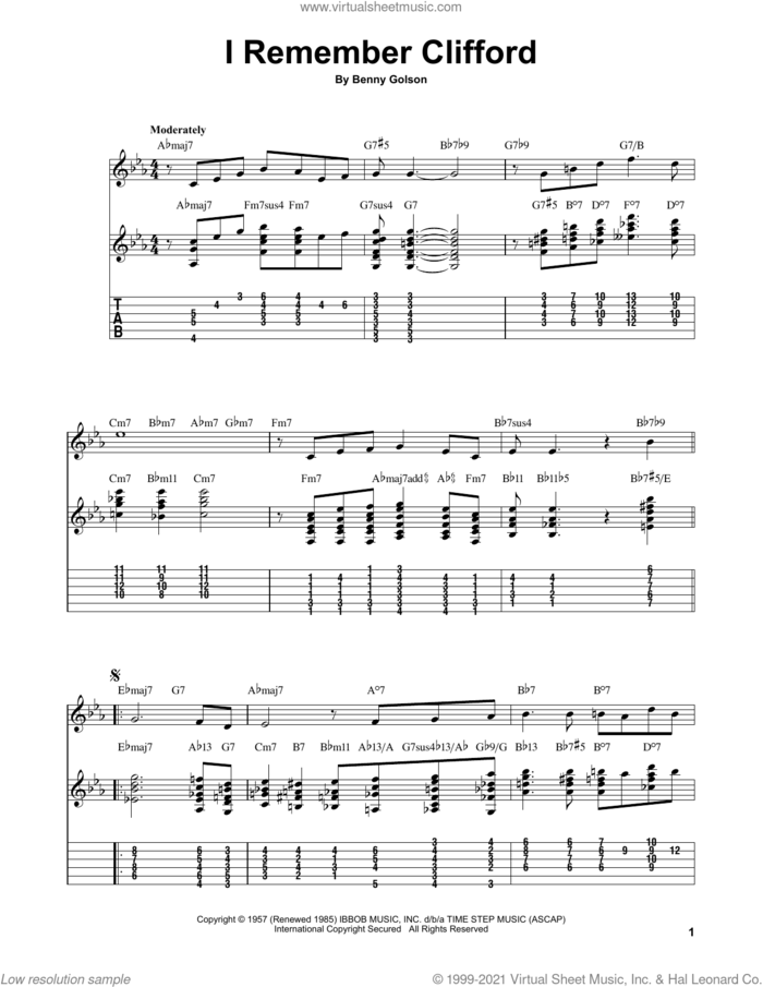 I Remember Clifford (arr. Robert B. Yelin) sheet music for guitar solo (easy tablature) by Benny Golson and Robert B. Yelin, easy guitar (easy tablature)