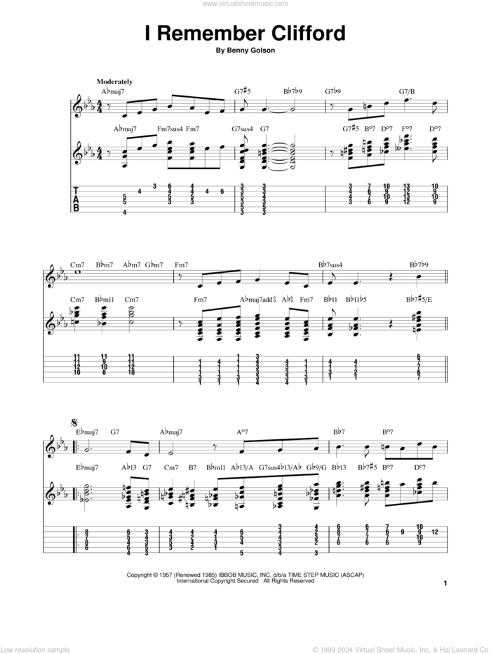 I Remember Clifford (arr. Robert B. Yelin) sheet music for guitar solo (easy tablature) by Benny Golson and Robert B. Yelin, easy guitar (easy tablature)