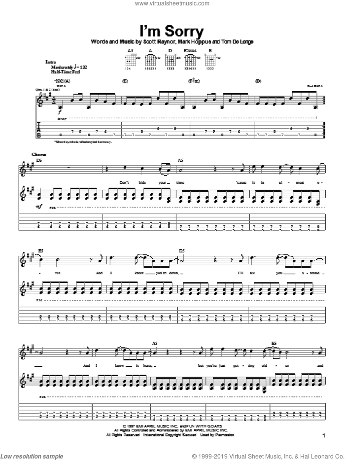 I'm Sorry sheet music for guitar (tablature) by Blink-182, Mark Hoppus, Scott Raynor and Tom DeLonge, intermediate skill level