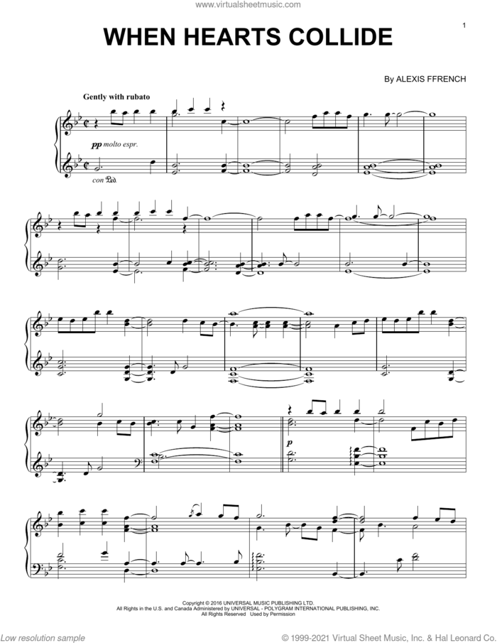 When Hearts Collide sheet music for piano solo by Alexis Ffrench, intermediate skill level