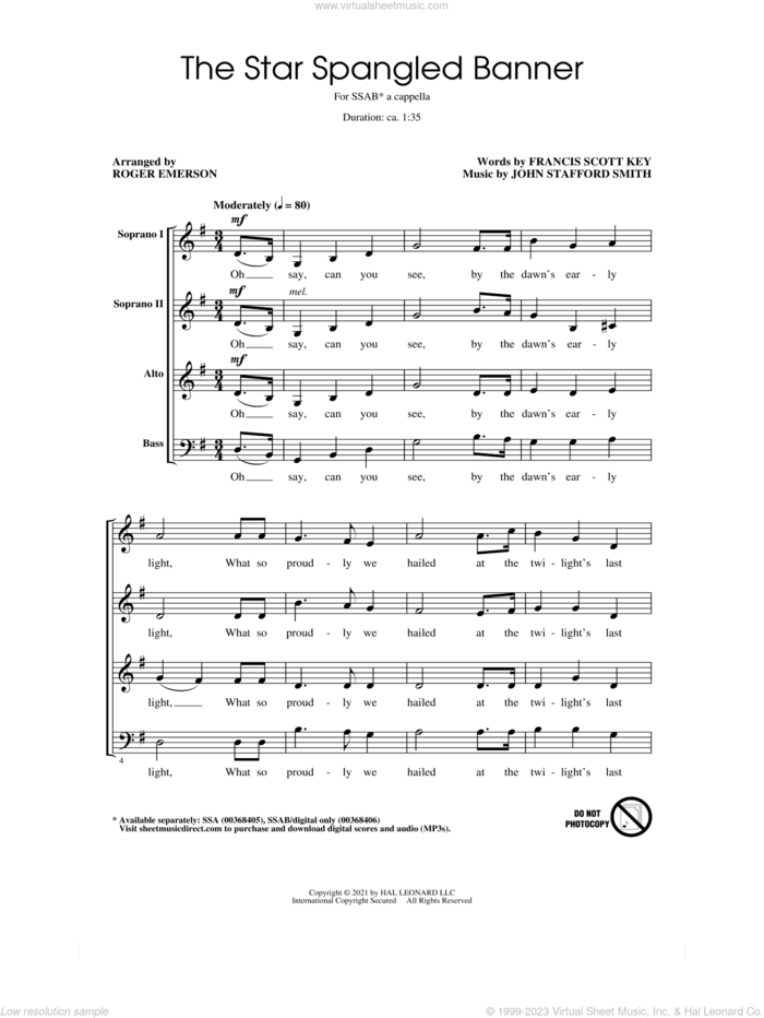 Star Spangled Banner (arr. Roger Emerson) sheet music for choir (SATB: soprano, alto, tenor, bass) by The Chicks, Roger Emerson, John Stafford Smith and Francis Scott Key, intermediate skill level