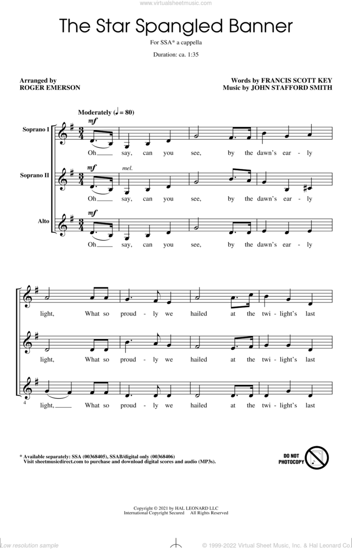 Star Spangled Banner (arr. Roger Emerson) sheet music for choir (SSA: soprano, alto) by The Chicks, Roger Emerson, John Stafford Smith and Francis Scott Key, intermediate skill level
