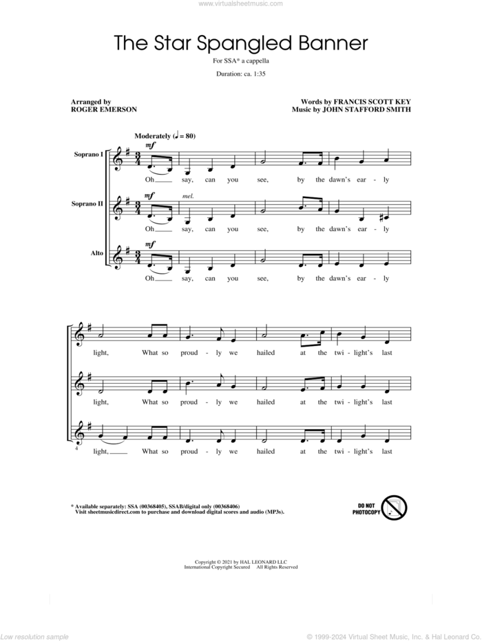 Star Spangled Banner (arr. Roger Emerson) sheet music for choir (SSA: soprano, alto) by The Chicks, Roger Emerson, John Stafford Smith and Francis Scott Key, intermediate skill level