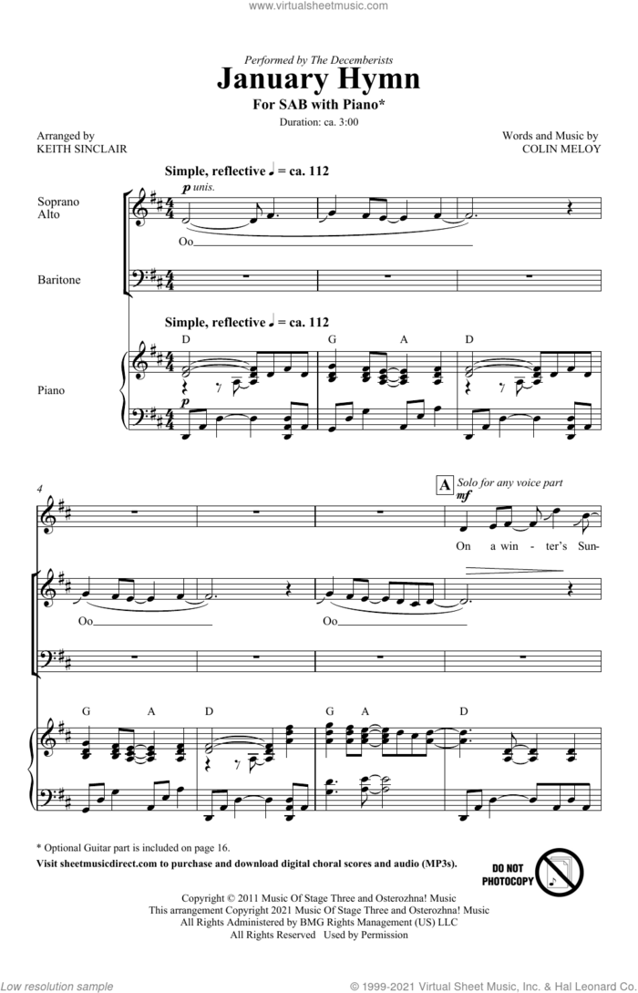 January Hymn (arr. Keith Sinclair) sheet music for choir (SAB: soprano, alto, bass) by Colin Meloy, Keith Sinclair and The Decemberists, intermediate skill level