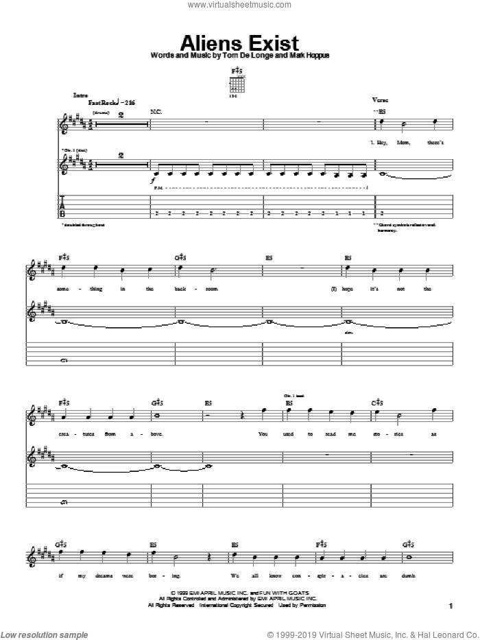 Aliens Exist sheet music for guitar (tablature) by Blink-182, Mark Hoppus and Tom DeLonge, intermediate skill level