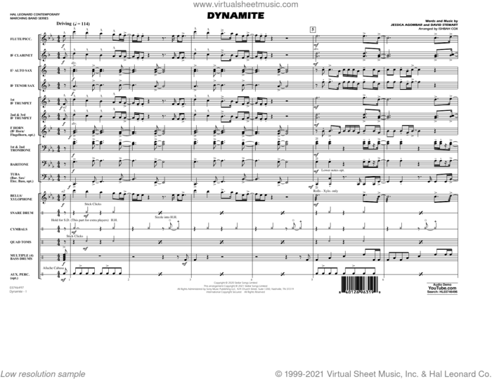 Dynamite (arr. Ishbah Cox) (COMPLETE) sheet music for marching band by Dave Stewart, BTS, Ishbah Cox and Jessica Agombar, intermediate skill level