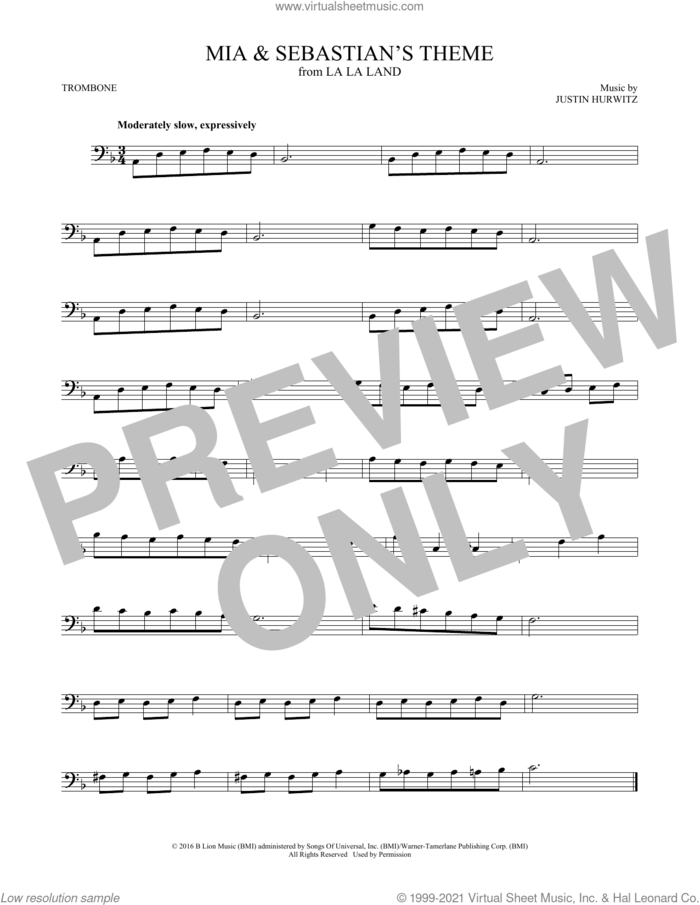 Mia and Sebastian's Theme (from La La Land) sheet music for trombone solo by Justin Hurwitz, intermediate skill level