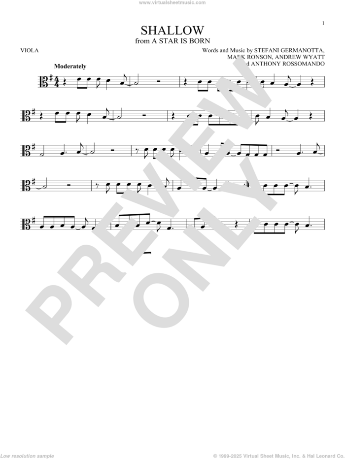 Shallow (from A Star Is Born) sheet music for viola solo by Lady Gaga & Bradley Cooper, Andrew Wyatt, Anthony Rossomando, Lady Gaga and Mark Ronson, intermediate skill level