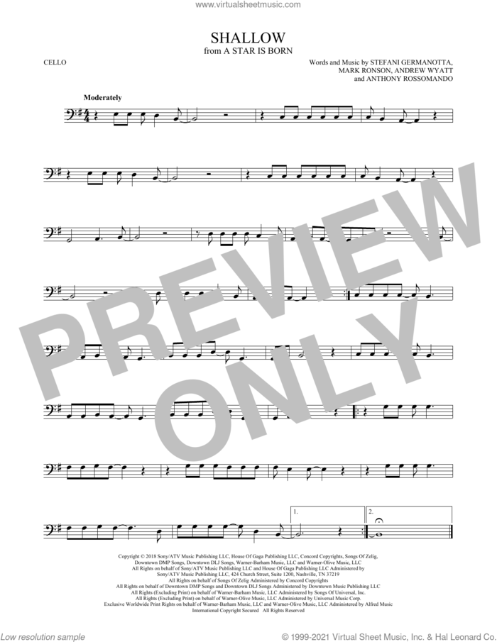 Shallow (from A Star Is Born) sheet music for cello solo by Lady Gaga & Bradley Cooper, Andrew Wyatt, Anthony Rossomando, Lady Gaga and Mark Ronson, intermediate skill level
