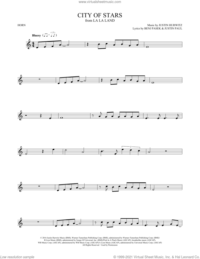 City Of Stars (from La La Land) sheet music for horn solo by Ryan Gosling & Emma Stone, Benj Pasek, Justin Hurwitz and Justin Paul, intermediate skill level