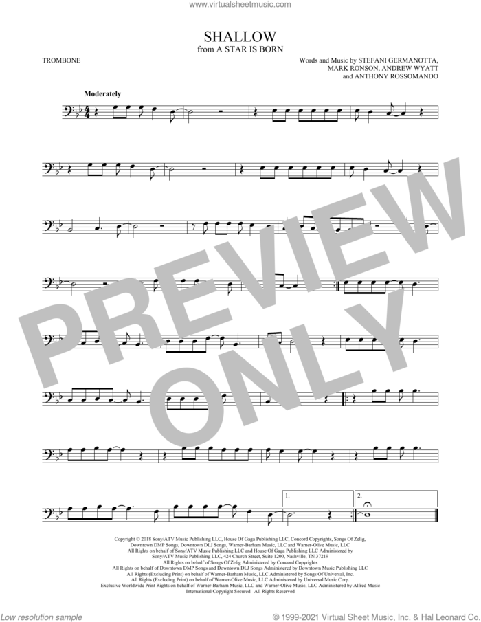 Shallow (from A Star Is Born) sheet music for trombone solo by Lady Gaga & Bradley Cooper, Andrew Wyatt, Anthony Rossomando, Lady Gaga and Mark Ronson, intermediate skill level